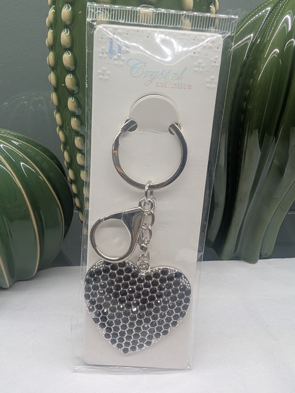 Silver Heart Keychain/Bag charm W/Black Crystals